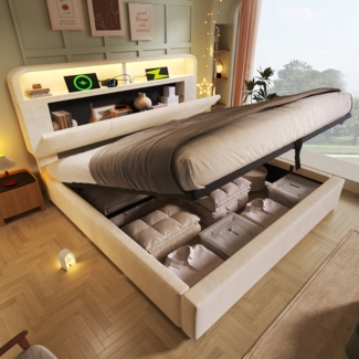 Merax Polsterbett Doppelbett 180x200 cm mit höhenverstellbarem Stauraum-Kopfteil, Hydraulisches Bett mit LED-Beleuchtung & USB/Type-C Ladestation, Samt, Beige