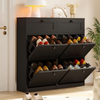 VOWNER Schuhschrank mit 4 Klappen, einstellbarer Schuhregal, schmaler Schwarz