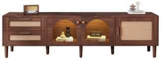 BlingBin TV-Schrank Holz-TV-Schrank, TV-Ständer, TV-Board, Fernsehtisch (1er Set, 1-St, mit 2 Rattan-Schubladen, 2 gewölbten Glastüren und 1 Rattan-Tür) für 80-Zoll-Fernseher, LED-Beleuchtung, bietet stilvolle Aufbewahrung