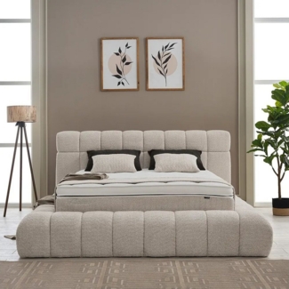 abc bedding Boxspringbett Komfortbett RAINA in stilvollem, braun beigem Stoffdesign, Voll-orthopädisches Schlafsystem inklusive Bettkasten