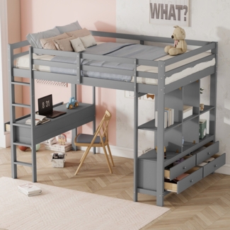 Merax Hochbett Kiefer Kinderbett mit Schreibtisch & Stauraumregal 140x200cm, grau