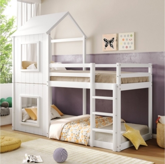 Ulife Etagenbett weiß, Kinderbett 90*200cm, Massivholz Hochbett Hausbett, mit Leiter & Baldachin, für Mädchen und Jungen