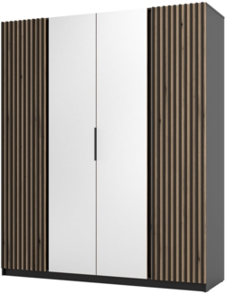 Selsey 'Kaja' Kleiderschrank 4-türig mit seitlichen Lamellen & Spiegel, Eiche/schwarz, ca. 239 x 200 x 62 cm