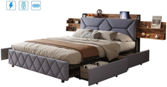 FUROKOY Stauraumbett Doppelbett Polsterbett mit 4 Schubladen (Bettgestell, 1-tlg, Jugendbett Mit Kopfteil und Lattenrost), 140x200 cm,mit USB+Type C,Schubladen mit Rädern,Leinenmaterial,Grau