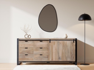 Vente-unique - Sideboard mit 1 Tür & 6 Schubladen - Mangoholz & Metall - Holzfarben & Schwarz - HARLEM II