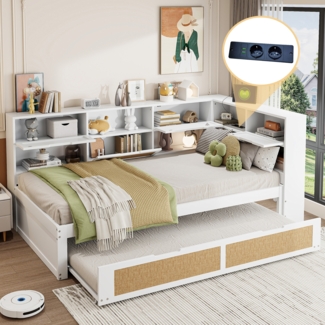 Merax Daybett Holz Schlafsofa 90*200 mit Ausziehbett Multifunktionales Einzelbett Kinderbett mit vielen Staufächern und Ladeanschluss Weiß