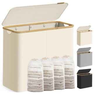 SONGMICS Wäschekorb mit Deckel, Wäschesammler mit 4 Fächern, 200 L, herausnehmbarer Wäschesack, Oxford-Gewebe, Griffe aus Bambus, zusammenklappbar, 78 x 38,5 x 70,5 cm, cremeweiß