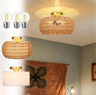 MUPOO LED Deckenleuchte Boho-Rattan Deckenleuchte Landhausstil Kronleuchter Ø45cm, E27, Doppelter Lampenschirm, mit 3 LED-Glühbirnen, Warmweiß