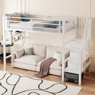 Hochbett mit Lattenrost, 90x200 cm, Metallbett mit Rausfallschutz, Regal, Treppe, Jugendbett, Kinderbett