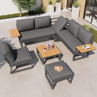 Merax Gartenlounge-Set, 7-Sitzer L-Form Garten Sofa Set mit Holzarmlehnen, Wetterfeste Eckgarnitur & Liege aus Eisen, Inkl. Holztisch, Sessel & Hocker , Mit Polstern, Grau