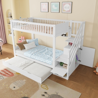 Etagenbett mit Kleiderschrank und Ausziehbett 90x200 cm Weiss Kiefer Stauraum Treppe 3 Betten Kinder Jugend