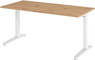 bümö manuell höhenverstellbarer Schreibtisch 160x80 in Asteiche, Gestell in weiß/alu - PC Tisch höhenverstellbar & groß, höhenverstellbarer Tisch Büro, großer Computertisch verstellbar, X16-R-WC