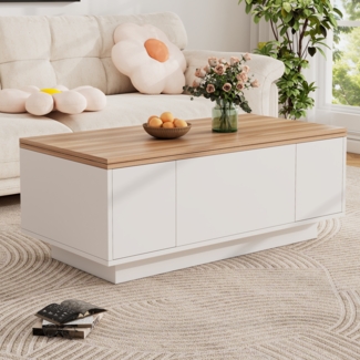 Wohnzimmertisch mit Doppel-Hebemechanismus, Weiß & Natur, Verstellbare Hebeplatten, Versteckter Stauraum, 2 Türen, Multifunktionaler