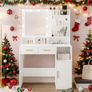 Schminktisch mit Spiegel und 10 LED-Beleuchtung, Schminktische mit Einstellbare Helligkeit,Schminktisch mit 2 Schublade & 1 Schrank, 3 Ablagen & 4 offenen Fächern, Weiß