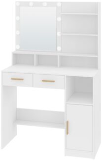 Schminktisch mit Spiegel und 10x LED-Beleuchtung, mit einstellbarer Helligkeit, mit 2 Schubladen & 1 Schrank, 3 Ablagen & 4 offenen Fächern, Weiß