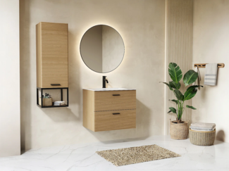 Vente-unique - Badezimmermöbel geriffelt hängend mit Einbauwaschbecken und Hochschrank mit Nische - 2 Schubladen - Natur hell - 60 cm - SARONE