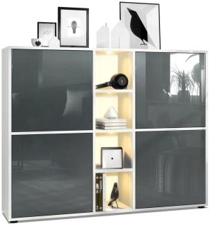 Vladon Highboard Cuba V3, Weiß matt/Grau Hochglanz inkl. LED - Moderne Anrichte mit 12 Fächern (130,5 x 105,5 x 35,5 cm)