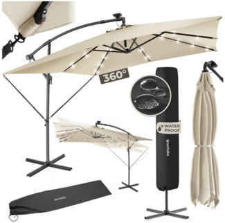 tectake Ampelschirm Sonnenschirm, geeignetes Set für Terrasse oder Garten, Parasol inkl. Schutzhülle und Solarpanel, 250x250 cm mit LED Solar-Beleuchtung