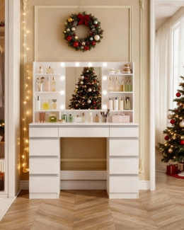 Hzuaneri Schminktisch, mit LED-Beleuchtung, Spiegel, Weiß & Silber, 40 x 108 x 140 cm