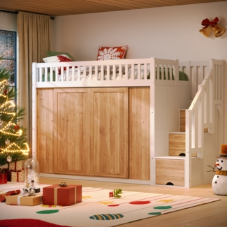 Hochbett Kinderbett 90×200 cm,Massivholz & MDF, Kleiderschrank mit App-gesteuerter LED-Leiste, Treppe mit Stauraum,Weiß & Eiche