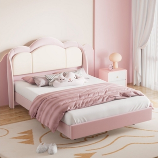 HOMAVO Jugendbett Polsterbett, Einzelbett mit LED-Beleuchtung (Polsterbett aus Samt mit Wolken-Design, inklusive LED-Beleuchtung), 90*200cm