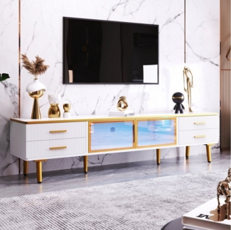 REDOM TV-Schrank TV-Schrank mit variablem LED-Lichtstreifen (4 Strukturierte Schubladen mit Goldenen Griffen, 170x37x47,5 cm) gehärteten Glastüren und Goldgriffen