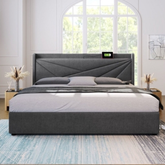 HAUSS SPOLE Polsterbett Polsterbett Doppelbett Funktionsbett Bettrahmen Kinderbett (180x200 mit lattenrost, Ohne Matratze), Massivholz Stauraumbett mit USB/Typ-C Ladeanschluss