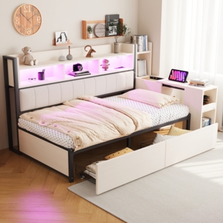 Eisen-Sofabett, vielseitige Staufächer und Schließfächer, multifunktionale Steckdosen, LED-Beleuchtung, große Schubladen, ausziehbarer Schreibtisch, Weiß, 90 × 200 cm