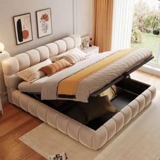 Merax Polsterbett 140x200 cm, Doppelbett, Kopfteil und Bettseiten mit voluminöser, Ausgestattet mit hydraulischer Staufunktion, Samtstoff, Beige (Ohne Matratze)