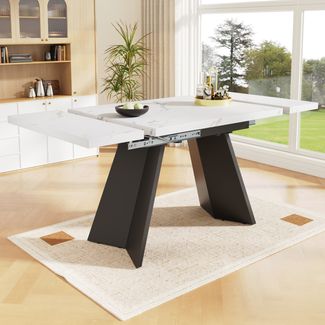 Esstisch B 99–159 x T 74 x H 77 cm, ausziehbar, Marmoroptik & Carbonstahl-Gestell