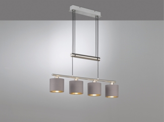 LED Pendelleuchte 4-flammig Taupe höhenverstellbar mit Stoffschirmen, B: 77cm