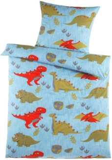 KH-Haushaltshandel Bettwäsche 2-tlg. Biber Motiv Winter Bettwäsche 135x200 +80x80 cm, Dinosaurier, Biber, 2 teilig, blau, mit farbigen Dinos, Baumwollmischgewebe flauschig weich und warm