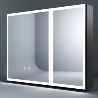 WDWRITTI Spiegelschrank Bad mit Beleuchtung 80 x 60 cm Badezimmerspiegelschrank LED 2 türen (Schrank Schwarz matt, Anti-fog, 3Lichtmodi, Dimmbar, Speicherfunktion, Doppelseitiger Spiegel, Verstellbare Glasböden) Alu-Schranktür, mit Netzadapter