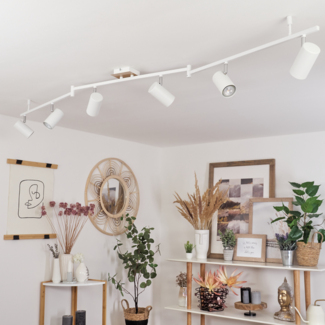 »Gambellara«, Deckenlampe aus Metall in Holzoptik/Chrom/Weiß, 6-flammig, 6 x GU10 max. 35 Watt, Moderne Lampe mit 6 verstellbaren Spots und Leuchtenarmen