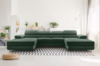 AX LIVING Sofa U Form mit Schlaffunktion Arborio U 352cm in Dunkelgrün