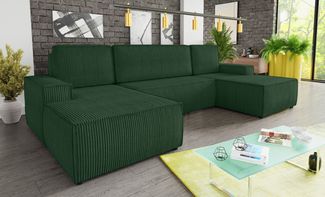 Wohnlandschaft mit Schlaffunktion Totti - U-Form Couch, Schlafsofa mit Bettkasten, Couchgranitur mit Bettfunktion, Big Sofa, Cord Stoff, Wohnzimmer (Grün (Poso 014))