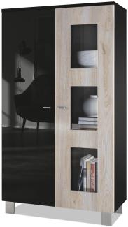 Vladon Vitrine Denjo, Standvitrine mit 2 Türen und 3 Glaseinsätzen, Schwarz matt/ Schwarz Hochglanz/ Eiche Nordic (71 x 129 x 35 cm)