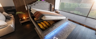 Polsterbett 140x200 cm - hydraulischer Bettkasten, Samt in Grau mit LED-Beleuchtung und USB‑Type‑C,Es gibt eine Matratze.