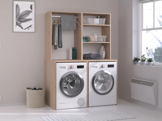 Vente-unique - Möbel für 2 Waschmaschinen mit Kleiderstange & Regalen - Holzfarben hell - 184 x 128 cm - ERKANO