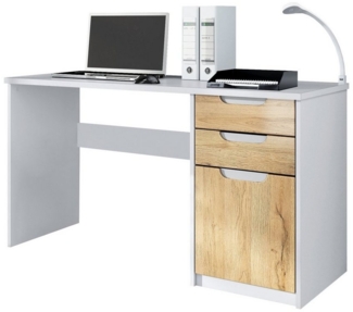Vladon Schreibtisch Logan, Bürotisch mit 2 Schubladen und 1 Tür, Weiß matt/Eiche Natur (129 x 76 x 60 cm)