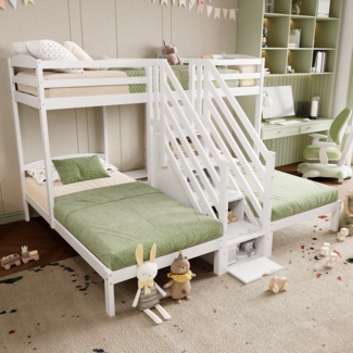 Merax Etagenbett Kinderbett Dreierbett 90x200cm mit Stauraumtreppe und Geländer, Weiß