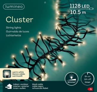 Lumineo LED-Lichterkette Lumineo Lichterkette Cluster 1128 LED 10,5m warm weiß, schwarzes Kabel, Dimmbar, Timer, Indoor, Outdoor