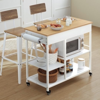 VASAGLE Küchenwagen mit Rollen, mobiler Servierwagen mit Stauraum, Kücheninsel, 45 x 98,7 x 90 cm, 2 Schubladen, 2 Haken, für Esszimmer, eichenbeige-mattweiß