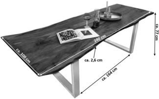 Esstisch Tisch natürliche Baumkante Akazie massiv Kufengestell nussbaum 240x100 silber QUINN 523985