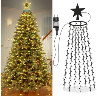 LMaxhome LED-Lichterkette Baumbeleuchtung Wasserfall Lichterkette mit Sterne Weihnachtsbaum Deko, 3M, 490-flammig, 8 Modi Timer, Topper Star, Wasserdicht, Aussen, Innen