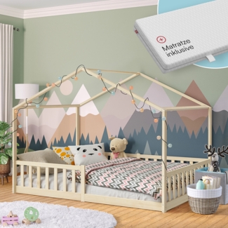 Bellabino 'Bia' Hausbett 140x200 cm mit Matratze, natur, Kiefer Massivholz, Bodenbett in Hausoptik, Montessori Kinderbett mit Rausfallschutz und Lattenrost