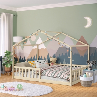 Bellabino 'Bia' Hausbett 140x200 cm mit Matratze, natur, Kiefer Massivholz, Bodenbett in Hausoptik, Montessori Kinderbett mit Rausfallschutz und Lattenrost