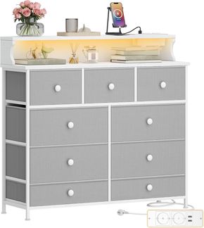 Hzuaneri Kommode, 2 USB & 2 AC-Anschlüssen, 9 Schubladen, LED-Lichtleiste, Stahl/Holz/Vlies Weiß-Grau, 30 x 100 x 95 cm