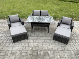 Fimous 6 Sitzer Hoher Rücken Gartengartenmöbel Rattan Sofa Esstisch Set mit Sesseln 2 Großer Hockern Dunkelgrau gemischt