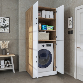 Roomart Waschmaschinenschrank - SERIE DORA 2 – Überbauschrank für Waschmaschine & Trockner mit Regalböden – Waschturm für Waschküche & Hauswirtschaftsraum • Weiß Eiche